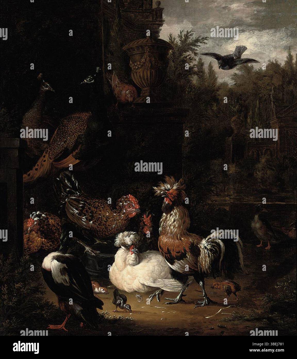 Dieses Gemälde von Pieter van Mase zeigt einen Hahn umgeben von Hühnern, Küken, Enten, Pfauen und Tauben. vor einer Parklandschaft mit klassischer Urne. Das Werk unterstreicht Mases Geschick in der Darstellung von Tieren mit reichen Details und lebendigem Leben in einer ruhigen natürlichen Umgebung. Stockfoto