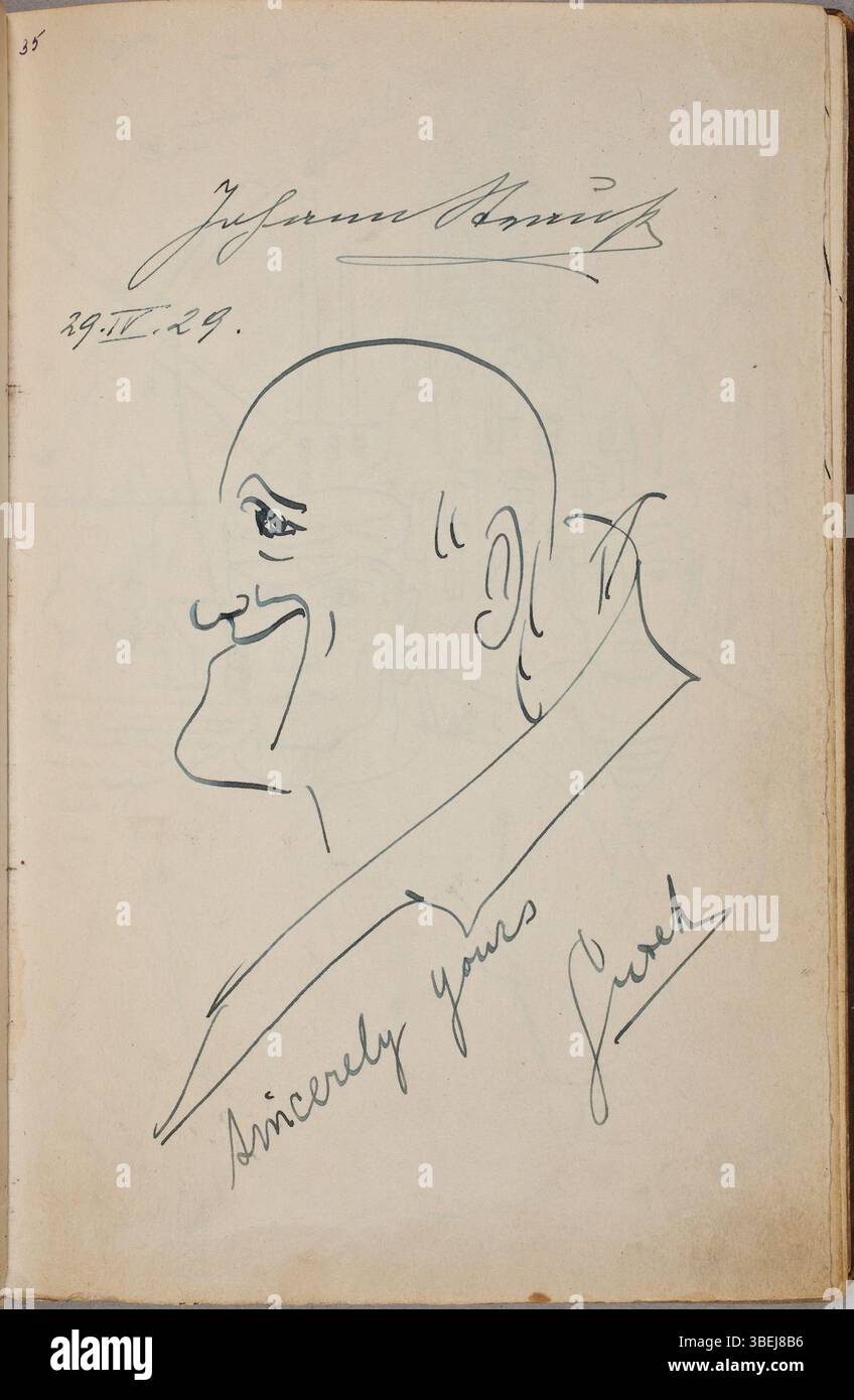 Dieses Autogramm von Johann Strauss (1866–1939) und eine mögliche Zeichnung von Gusek vom 29. April 1929 sind Teil des Autogrammalbums von Bets Glaudemans, das in der Königlichen Bibliothek in den Haag untergebracht ist. Stockfoto