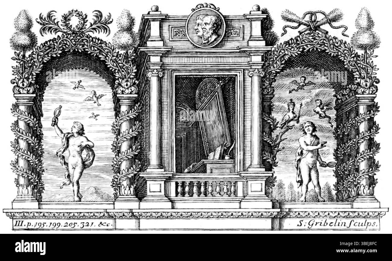 Dieses Emblem, das Simon Gribelin 1714 eingraviert hat, begleitet das „Soliloquy, or Ratschlag to an Author“ im ersten Band von Lord Shaftesburys „Characteristicks of Men, Manners, Opinion, Times“. Der Gravur folgt Shaftesburys Anweisungen und spiegelt seine philosophischen Ideen über die Rolle des Autors bei der Gestaltung der öffentlichen Meinung wider. Stockfoto