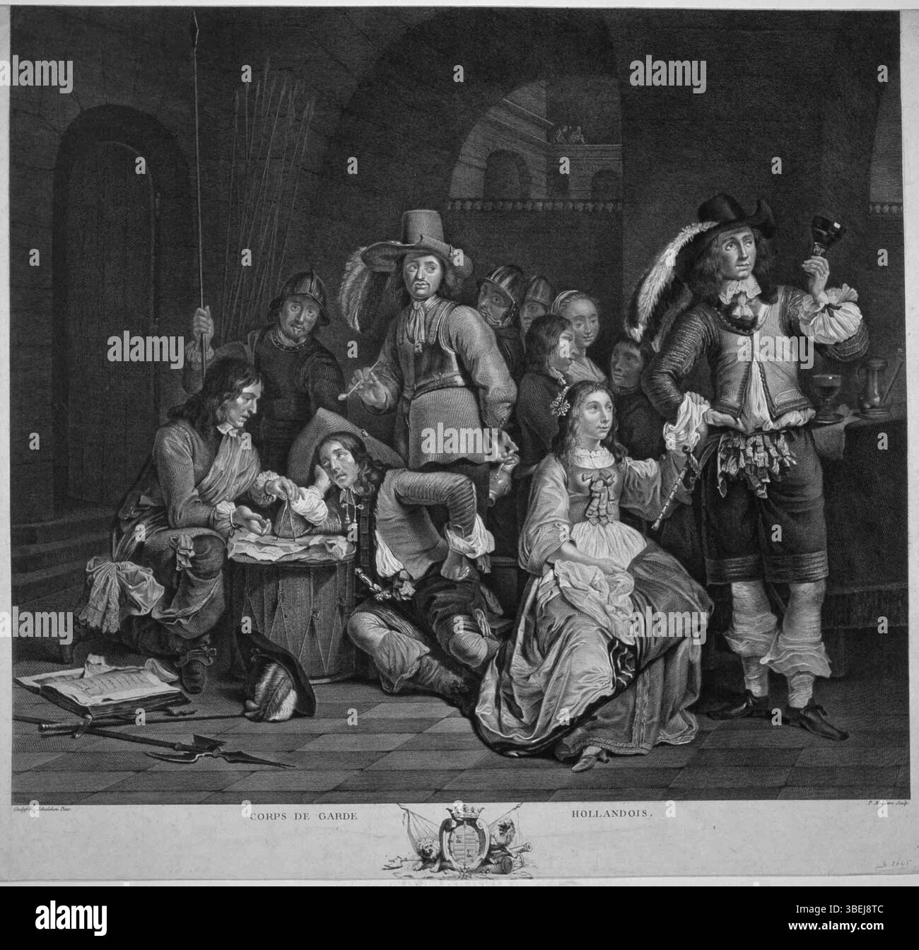 Ein Gemälde von Pierre Maloeuvre, das eine Gruppe niederländischer Soldaten in ihrem Quartier darstellt. Die Szene zeigt Soldaten, die trinken und rauchen, mit einer Frau. Das Werk ist charakteristisch für die niederländische Militärmalerei des 18. Jahrhunderts. Stockfoto