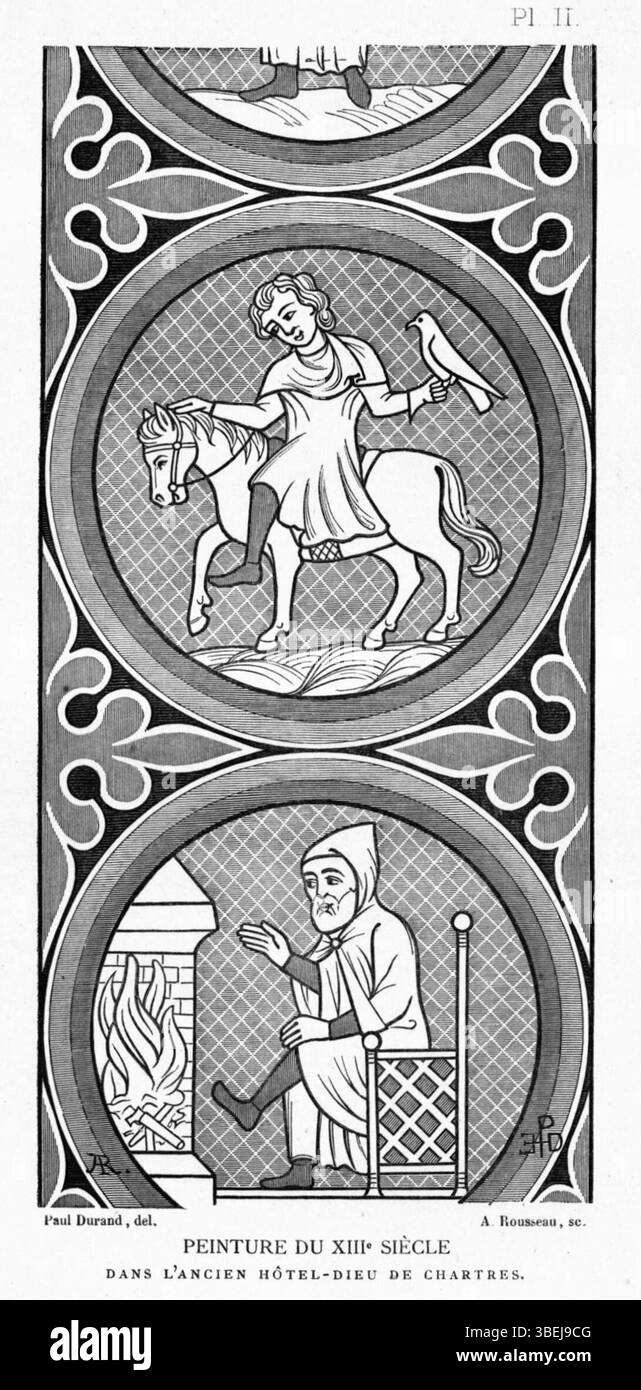 Diese Reproduktion eines Gemäldes aus dem 13. Jahrhundert, geschaffen von Paul Durand, ist im ehemaligen Hôtel-Dieu von Chartres zu sehen. Das Stück ist eine originalgetreue Kopie mittelalterlicher Kunst, die den künstlerischen Stil und die religiösen Themen dieser Zeit zeigt. Stockfoto