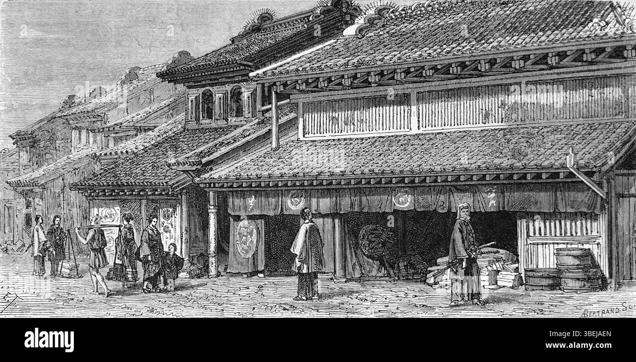 Frühe Straßenszene der Benten Street, Yokohama, Japan. Vintage r historische Gravur oder Illustration 1866 Stockfoto