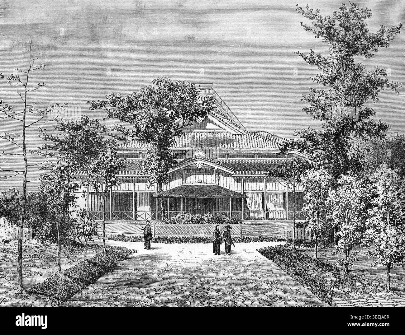 Wohnsitz der Niederlande oder niederländischer Gouverneur oder Botschafter im Bezirk Benten oder Benten-dori von Yokohoma Japan. Vintage oder historische Gravur oder Illustration 1866 Stockfoto