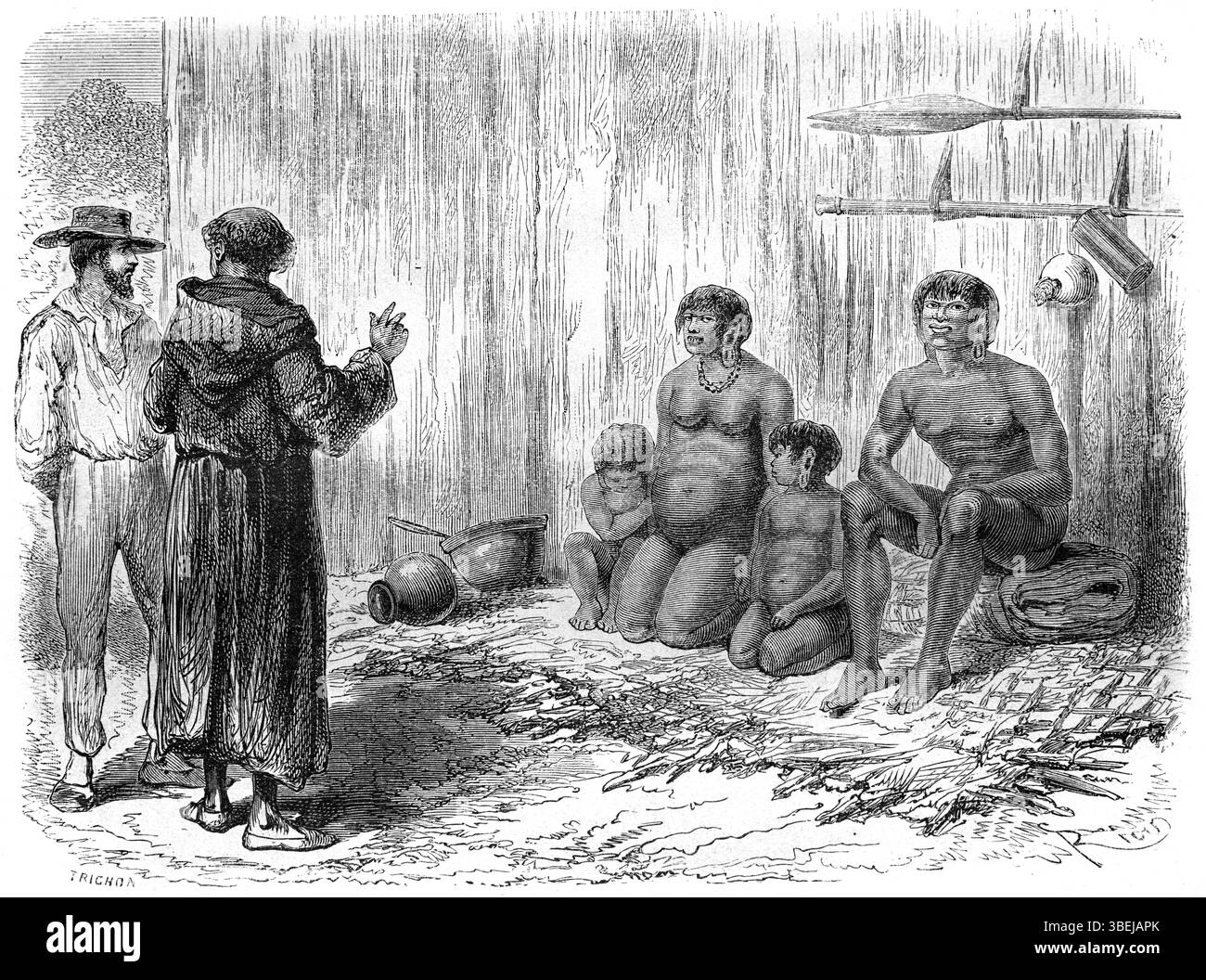 Indigene Südamerikaner aus Orejon, Coto oder Maijuna, die von christlichen Missionaren oder Jesuiten in Peru Souith America zum Christentum konvertiert wurden. Vintage oder historische Gravur oder Illustration 1866 Stockfoto