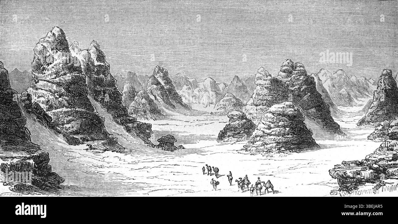 Felsvorsprünge oder Felsformationen in der Wüste Korosko, an der Caravan Road, Korosko Route oder Korosko Road, Sudan, Afrika. Der Schlamm des Gebiets wurde 1970 nach Fertigstellung des Assuan-Staudamms vom Nasser-See überschwemmt. Vintage oder historische Gravur oder Illustration 1866 Stockfoto
