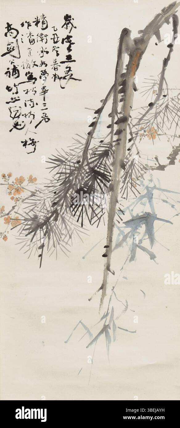 Tusche- und Farbgemälde aus dem Jahr 1925 von Gao Jianfu, Chen Shuren und Pan Dawei mit dem Titel „drei Freunde des Winters“, die symbolische Darstellungen von Widerstandsfähigkeit darstellen. Stockfoto