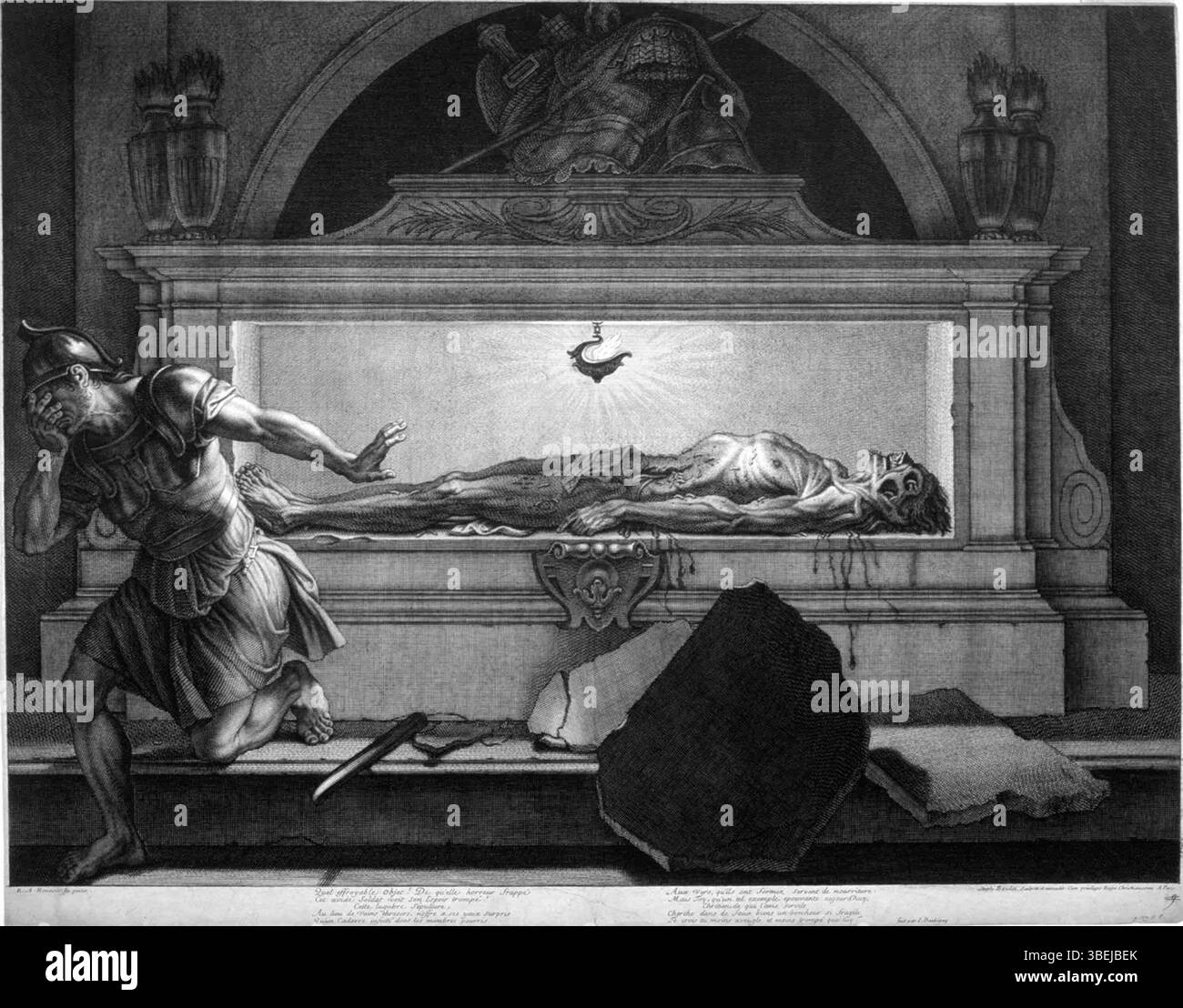 Etienne Baudet stellt einen Soldaten dar, der ein Grab stört, nur um von der zersetzenden Leiche im Inneren entsetzt zu werden. Das Werk reflektiert die makabren Themen von Tod und Verfall, die typisch für die Kunst des Barocks sind und Baudet von 1700 bis 1711 zugeschrieben werden. Stockfoto
