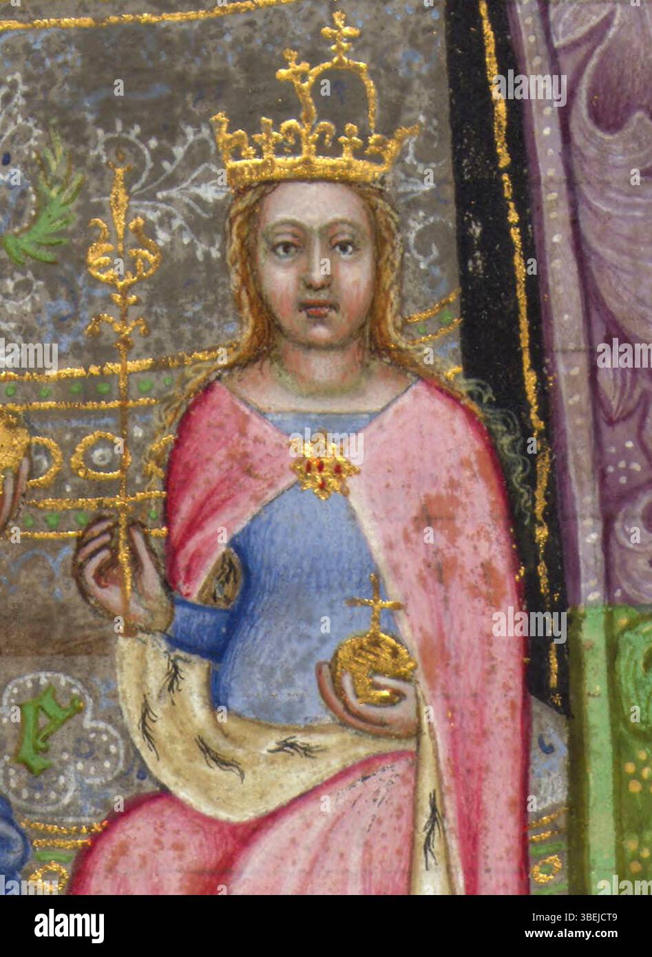 Die *Wenzelsbibel* (1389–1400) ist eine deutsche Bibel, die mit komplizierten Details beleuchtet ist, darunter ein Bild von König Wenzel IV. Die Handschrift wurde in einem bayerischen Scriptorium hergestellt und ist ein Paradebeispiel spätmittelalterlicher europäischer religiöser Kunst. Stockfoto