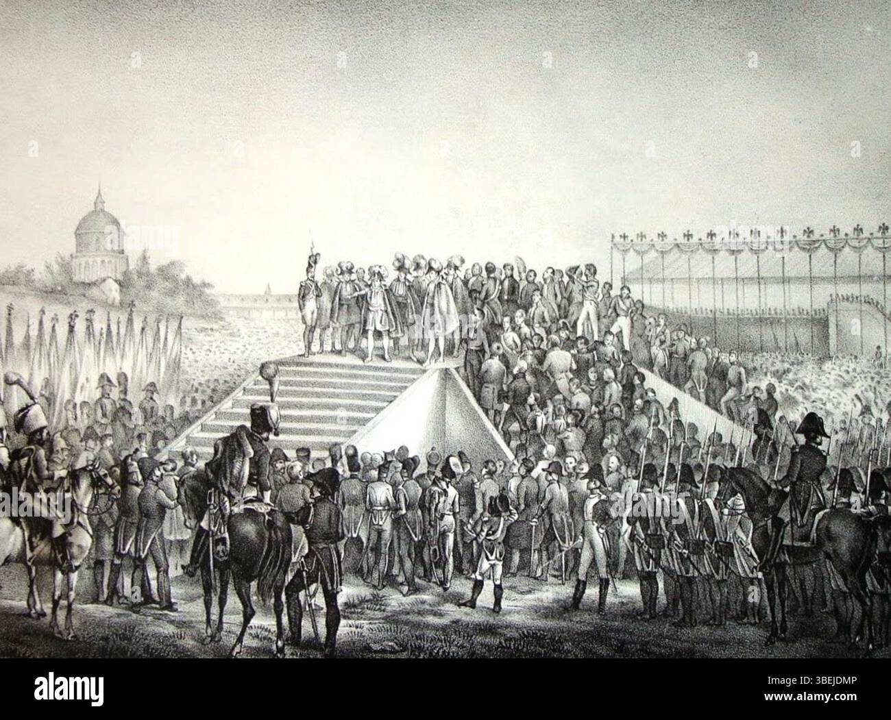 Der Champ de Mai von 1815 bezieht sich auf die Veranstaltung, bei der Napoleon Bonaparte seine Truppen und Unterstützer in Paris ansprach. Dieser historische Moment markierte einen Schlüsselpunkt in seinem letzten Feldzug in den hundert Tagen nach seiner Rückkehr aus dem Exil. Stockfoto