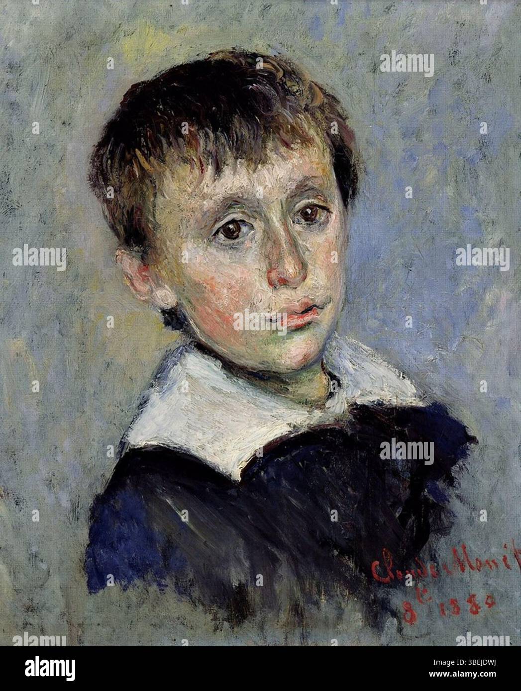 Claude Monet malte 1880 ein Porträt seines Sohnes Jean Monet, wobei er impressionistische Techniken verwendete, um Stimmung und Licht über Details zu betonen. Stockfoto