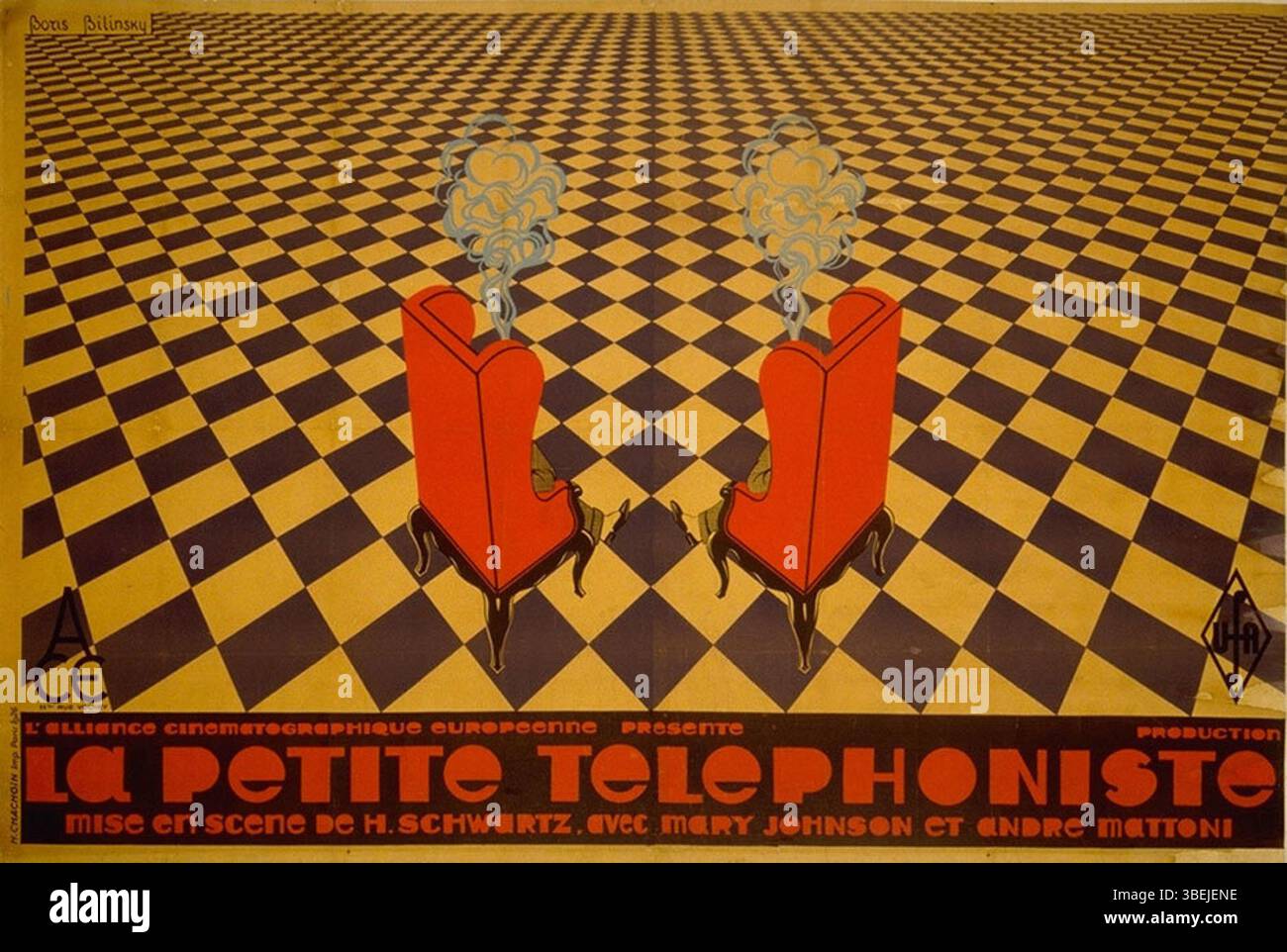 Dieses Plakat von Boris Bilinsky aus dem Jahr 1925 wirbt für das Fräulein vom Amt, einen Film von Hanns Schwarz. Das Plakat ist bekannt für sein markantes Design und die markante Typografie, die typisch für die deutsche Kinowerbung des frühen 20. Jahrhunderts ist. Stockfoto