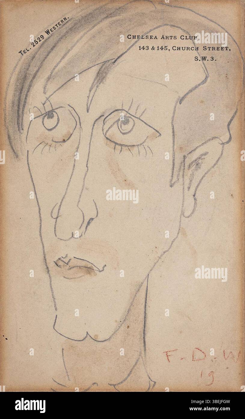 Francis Derwent Woods Karikaturporträt von Ambrose McEvoy aus dem Jahr 1919 ist eine spielerische, aber aufschlussreiche Darstellung. Das Stück, das mit Bleistift und Aquarell auf Chelsea Arts Club Papier erstellt wurde, unterstreicht McEvoys Charakter durch übertriebene Merkmale. Stockfoto