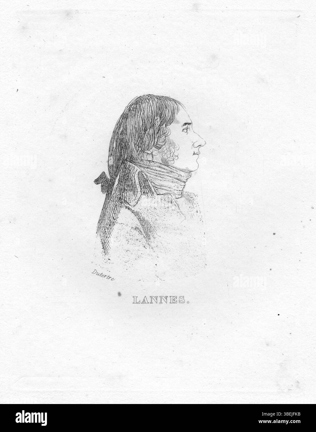 Porträt von Jean Lannes, erstellt von André Dutertre, dessen Gravur das Gleichnis des berühmten französischen Marschalls einfängt. Das Kunstwerk ist eine historische Darstellung, die aus einer unbekannten Zeit stammt, aber für seine historische Genauigkeit bekannt ist. Stockfoto