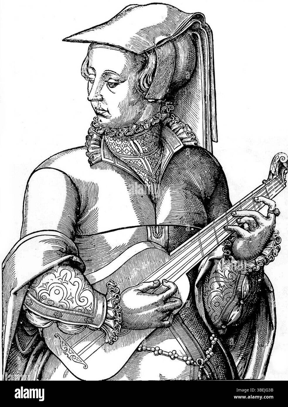 Dieser Holzschnitt aus dem 16. Jahrhundert zeigt eine 4-Gänge-Gitarre, die in Frankreich um 1570 beliebt war. Die Gitarre, ein Vorläufer moderner Streichinstrumente, ist mit vier Streichern ausgestattet, die die musikalischen Praktiken der Renaissance widerspiegeln. Stockfoto