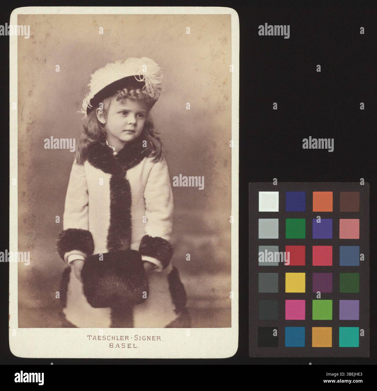 Dieses um 1879 entstandene Schwarz-weiß-Foto von Anita Bachofen ist auf Pappe montiert. Das formale Porträt fängt Bachofen in einem typischen Stil des 19. Jahrhunderts ein und zeigt die fotografischen Techniken der späten 1800er Jahre Stockfoto