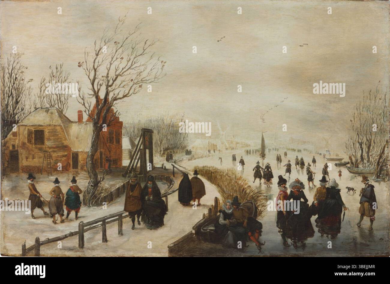 Diese Winterlandschaft, die Adam van Breen zugeschrieben wird, zeigt eine Szene mit Skatern auf einem eisigen Kanal. Das Gemälde fängt den Charme und die Aktivität des Wintersports im 17. Jahrhundert ein und zeigt die niederländische Leidenschaft für Schlittschuhlaufen. Stockfoto