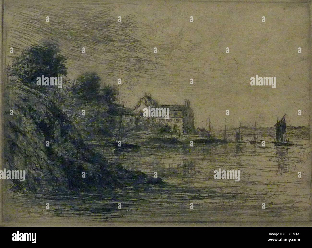 Diese Gravur von Louis Willaume aus dem Jahr 1937 mit dem Titel „Le Pouldu“ zeigt eine Küstenszene in der Bretagne. Willaume war ein französischer Künstler und seine Werke sind Teil der Sammlung Musée de Pont-Aven, die die Schönheit der Region zeigt. Stockfoto