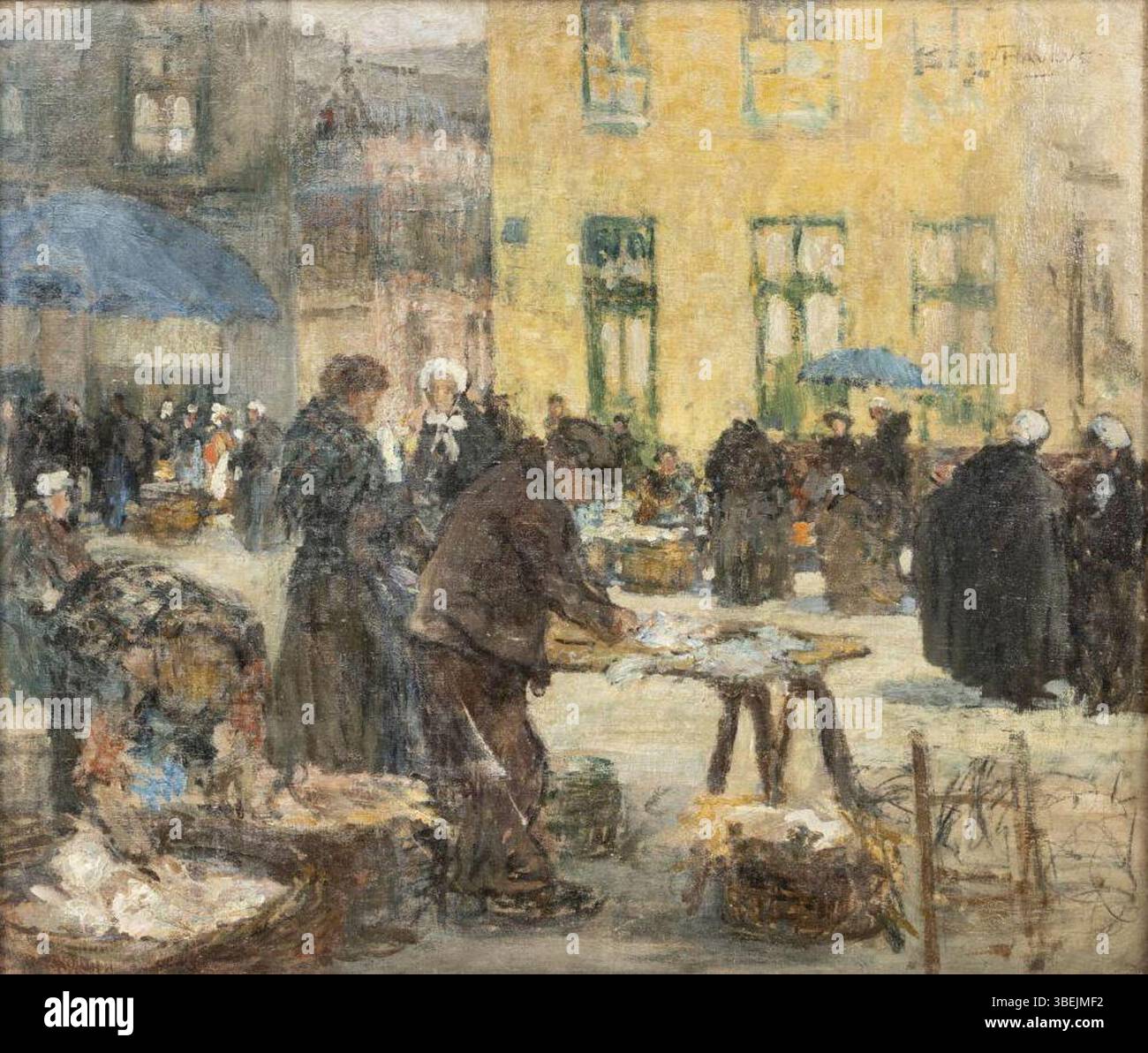 In diesem Ölgemälde von Francis Petrus Paulus fängt die lebhafte Marktszene Brügge das geschäftige Leben der Stadt ein. Paulus’ Arbeit vermittelt die lebendige Energie und Aktivität eines Marktes und zeigt sein Können mit Ölfarbe und seine Fähigkeit, alltägliche Momente festzuhalten. Stockfoto