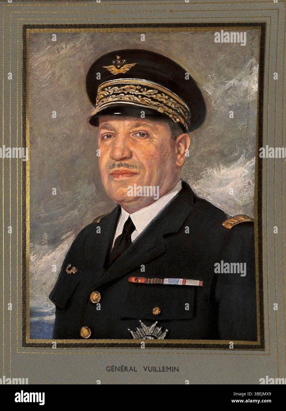 Dieses Gemälde von Marcel-André Baschet aus dem Jahr 1939 zeigt General Joseph Vuillemin, einen prominenten französischen Militärführer. Das Porträt wurde zu Ehren seines Militärdienstes geschaffen und ist Teil der französischen Kriegskunst. Stockfoto
