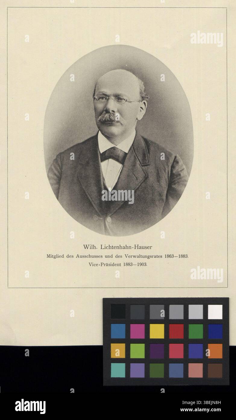 *Porträt Wilhelm Lichtenhahn* (zwischen 1883 und 1903) ist eine Schwarzweiß-Reproduktion einer Fotografie, die Wilhelm Lichtenhahn im klassischen Stil des späten 19. Jahrhunderts darstellt. Stockfoto
