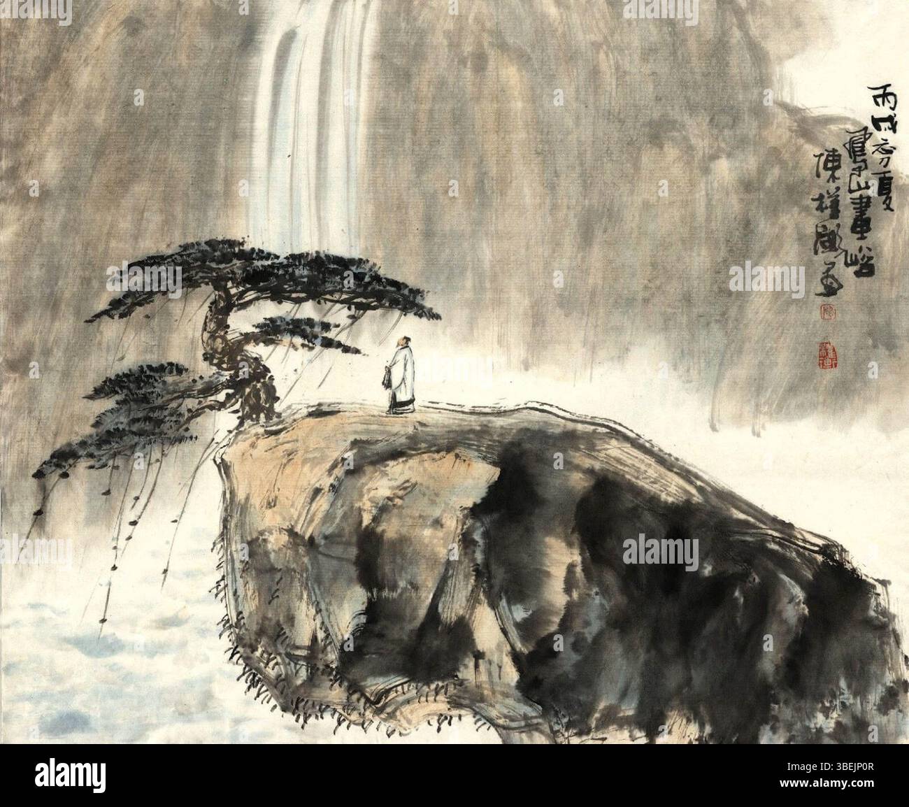 Dieses Kunstwerk zeigt den chinesischen Philosophen Zhuangzi, auch bekannt als Zhangzi, der die Schönheit und Kraft der Wasserfälle betrachtet. Zhuangzi ist bekannt für seine Lehren über Spontaneität und die natürliche Welt, die die Harmonie mit der Natur betonen. Das Bild symbolisiert den meditativen Zustand des Philosophen, der tief mit den natürlichen Elementen verbunden ist. Stockfoto