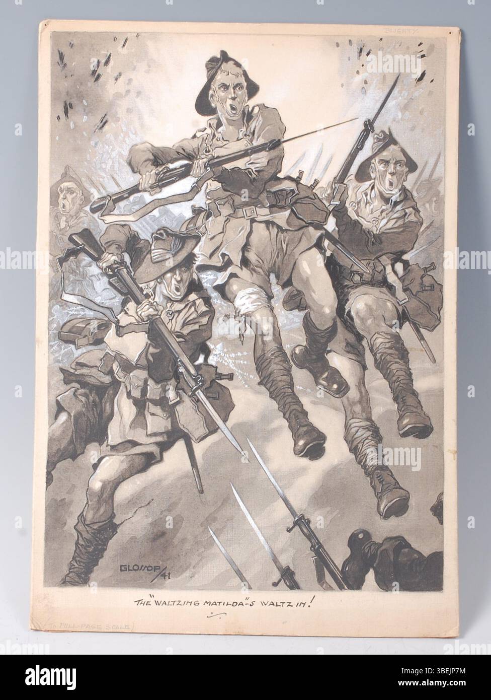Ein monochromes Aquarell mit dem Titel „The Waltzing Matilda“ Waltz von Cecil Glossop, erstellt am 20. Januar 1941. Die Arbeit ist auf Leinwand, die auf Bord gelegt ist, und die Größe 39 x 27 cm hat. Stockfoto