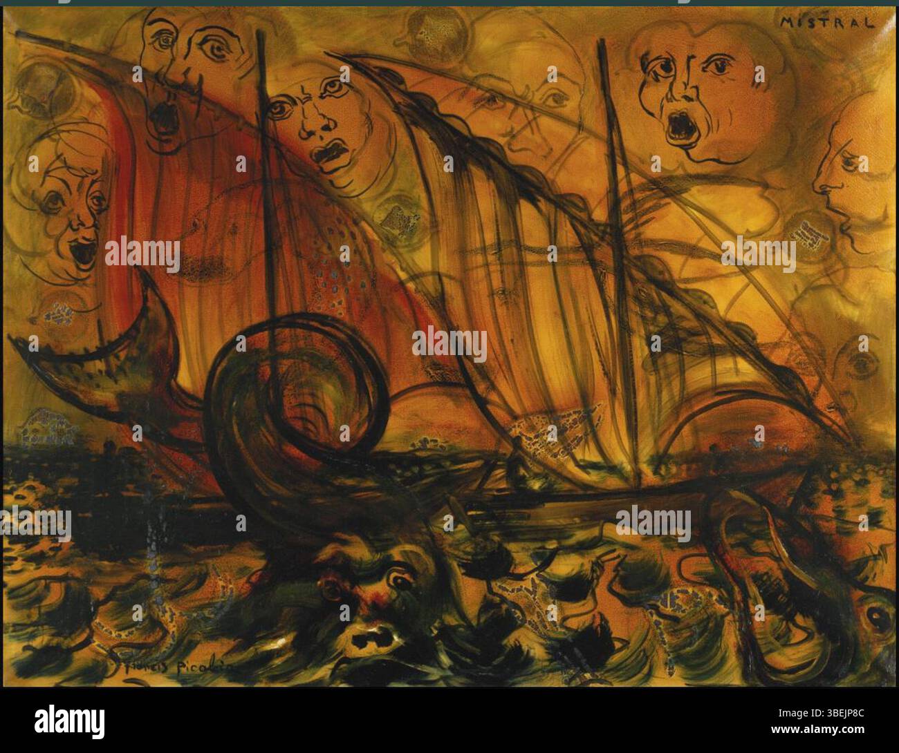 „Mistral“ von Francis Picabia fängt die mächtigen Winde des Mittelmeerraums ein. Bekannt für seine Dada-Einflüsse, veranschaulicht das Stück Picabias abstrakten Umgang mit Naturphänomenen. Durch dynamische Linien und eine fragmentierte Bildsprache schildert Picabia die Intensität des Mistral-Windes und spiegelt seine einzigartige Fähigkeit wider, physische Kräfte in künstlerischen Ausdruck zu verwandeln. Stockfoto
