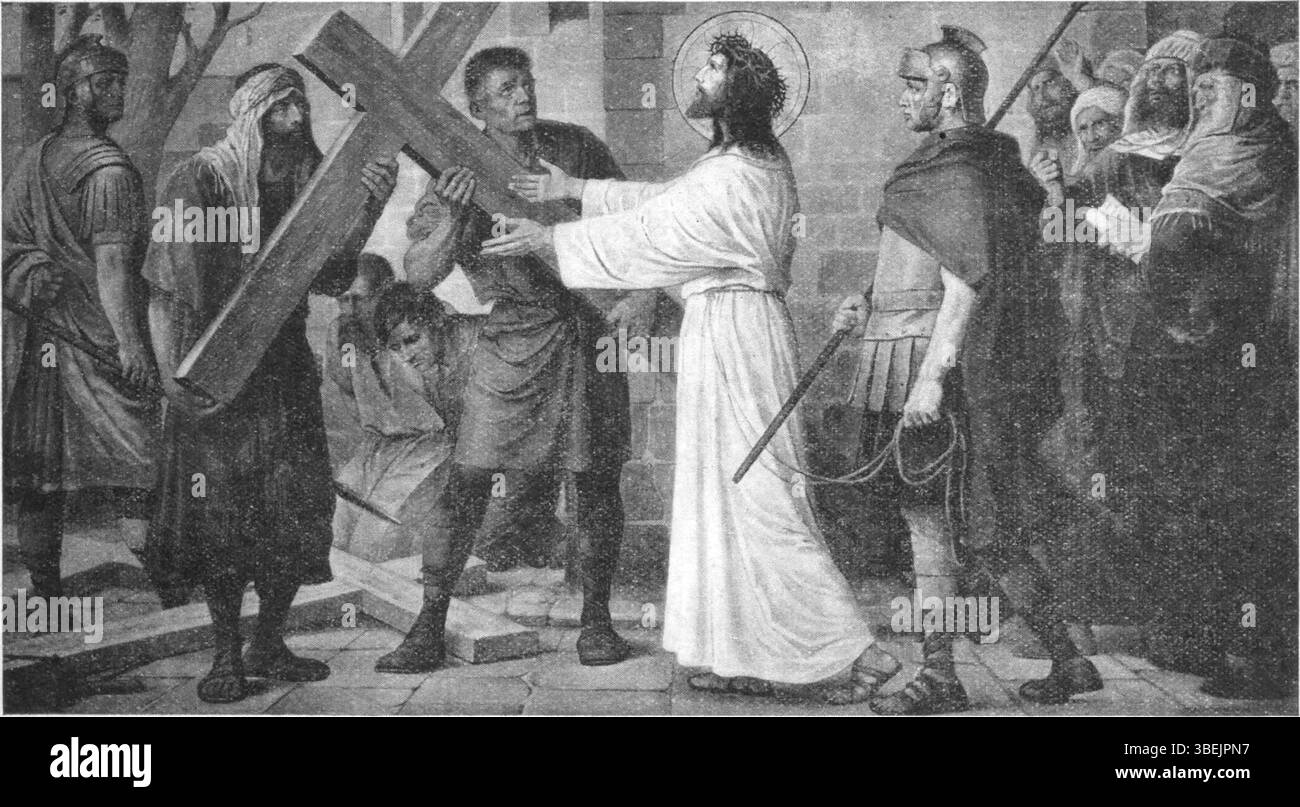 Dieses Bild von *de Volks-Missionaris*, 15. Februar 1918, geschaffen von Albin und Paul Windhausen, zeigt Jesus, wie er sein Kreuz akzeptiert und den Moment des Opfers veranschaulicht. Stockfoto