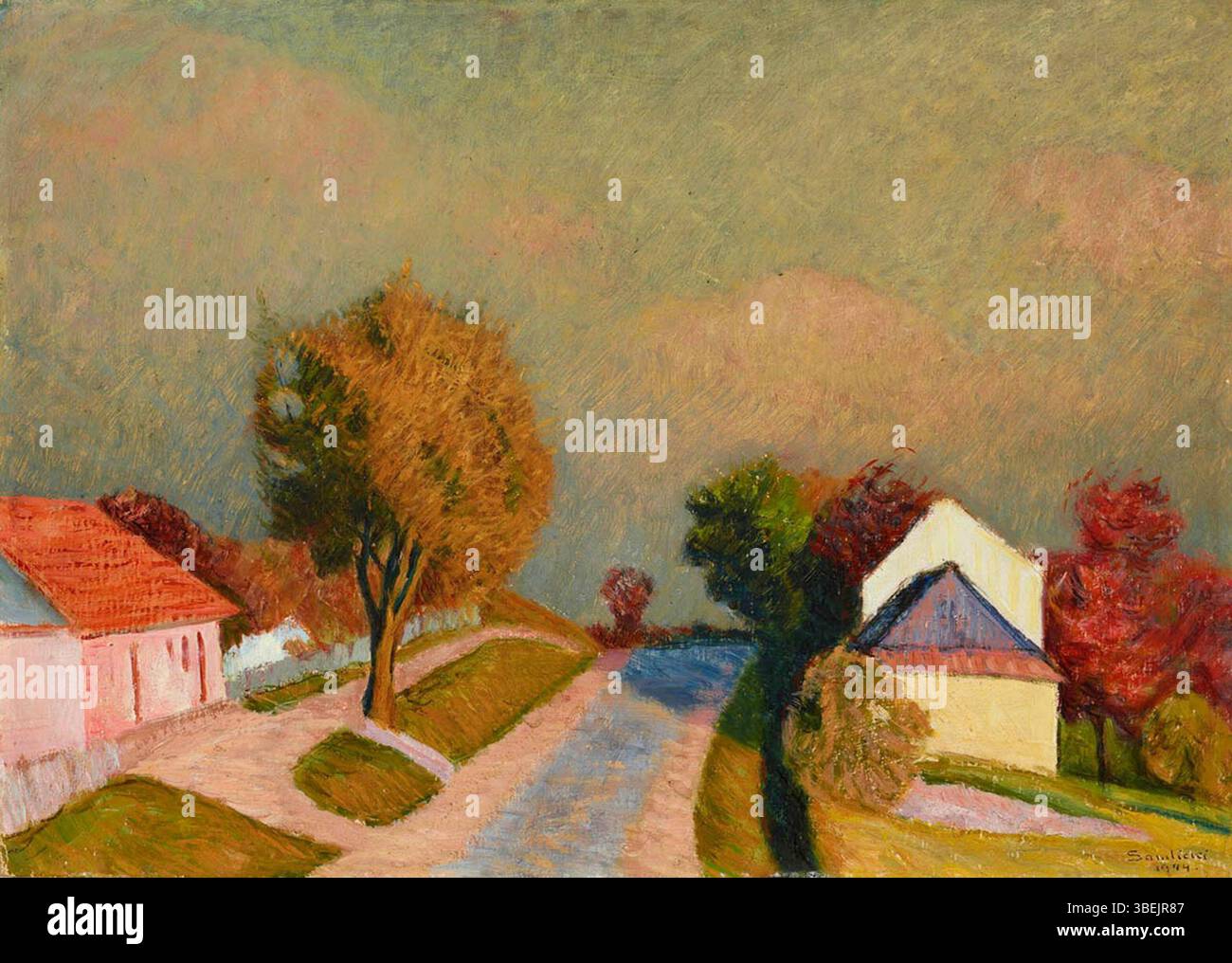 „Jesienne drzewa“ (Herbstbäume) von Marcin Samlicki, gemalt 1944, fängt die Schönheit des Herbstes in einem realistischen Landschaftsbild ein. Stockfoto