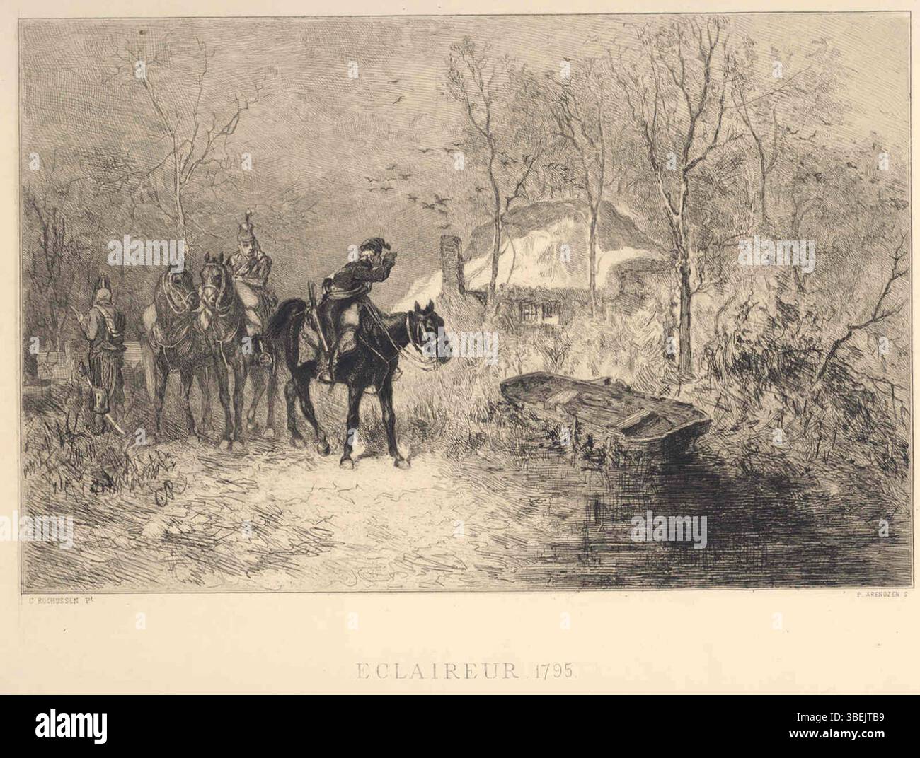 *Eclaireur* von Petrus Johannes Arendzen zeigt Kavalleristen, die 1795 in der Nähe eines Bauernhofs aufsuchten. Das Bild basiert auf einem früheren Gemälde von Charles Rochussen, das die militärische Präsenz in ländlichen Gebieten während des späten 18. Jahrhunderts erfasst und die Beziehung zwischen Soldaten und Land betont. Stockfoto
