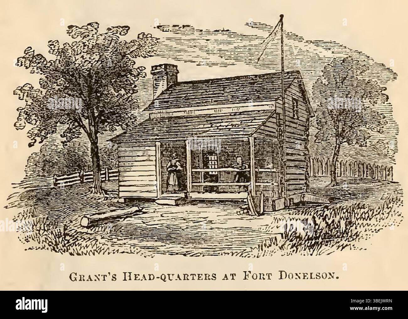 Dieses Bild aus der Biographie von Ulysses S. Grant von James Sanks Brisbin zeigt Grants Hauptquartier in Fort Donelson während des Amerikanischen Bürgerkriegs 1869. Sie veranschaulicht einen entscheidenden Moment in Grants militärischer Führung. Stockfoto