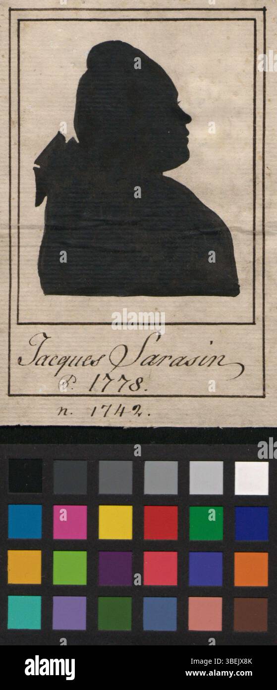 Dieses um 1778 entstandene Schattenporträt von Jacques Sarasin wurde mit Tinte hergestellt. Es handelt sich um eine schlichte, aber elegante Profilsilhouette, die die traditionelle Technik der Schattenporträts aus dem 18. Jahrhundert repräsentiert. Stockfoto