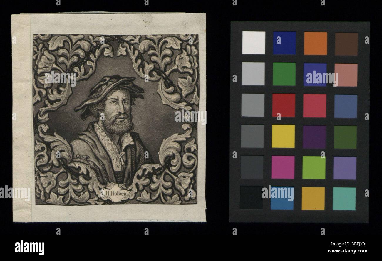 Dieser schwarz-weiße Kupferstich von Hans Holbein, der zwischen 1700 und 1799 von einem unbekannten Autor geschaffen wurde, repräsentiert den ikonischen Künstler in einem klassischen Porträtstil. Der Druck unterstreicht Holbeins Aussehen durch feine Linien. Stockfoto