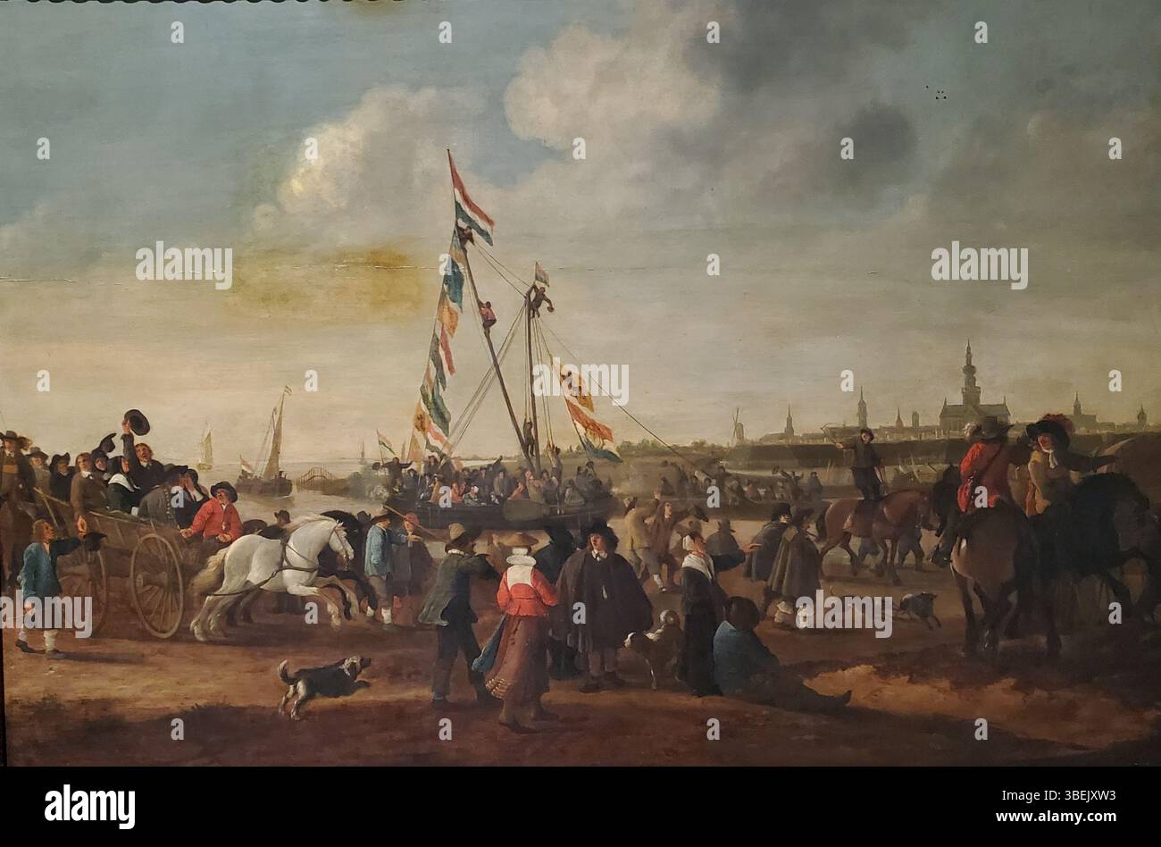 Dieses Gemälde von Hendrick de Meijer, einem niederländischen Künstler aus dem 17. Jahrhundert, zeigt die Rückkehr der siegreichen Truppen nach der Schlacht von Hulst im November 1645. Das Kunstwerk zeigt niederländisches Barock und historische militärische Ereignisse. Stockfoto