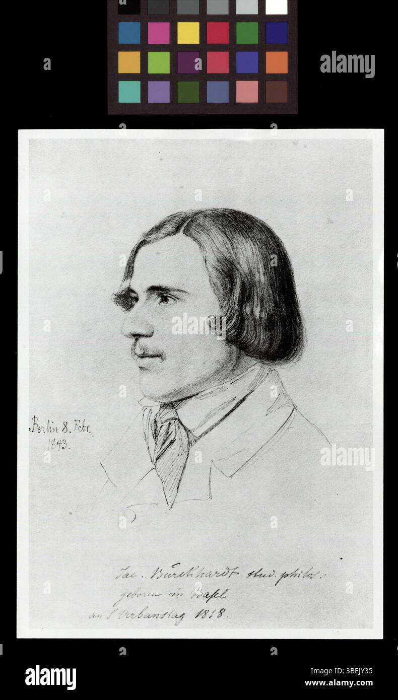 Diese Fotografie einer Zeichnung aus dem Jahr 1843 zeigt ein Porträt von Jacob Burckhardt. Die Schwarz-weiß-Reproduktion fängt eine historische Figur im klassischen Stil des 19. Jahrhunderts ein. Stockfoto