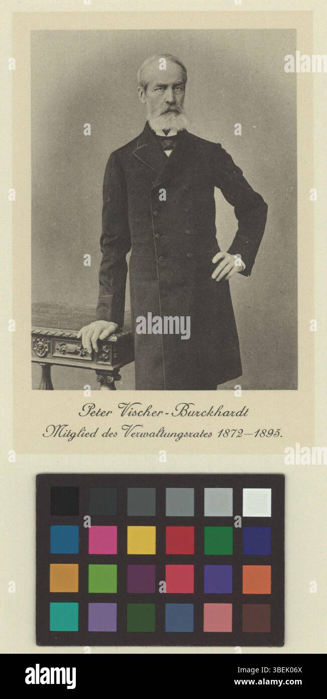 Diese Schwarzweiß-Reproduktion einer Fotografie aus den Jahren 1880 bis 1900 zeigt das Porträt des Schweizer Peter Vischer-Burckhardt. Das Foto spiegelt den Stil des 19. Jahrhunderts wider. Stockfoto