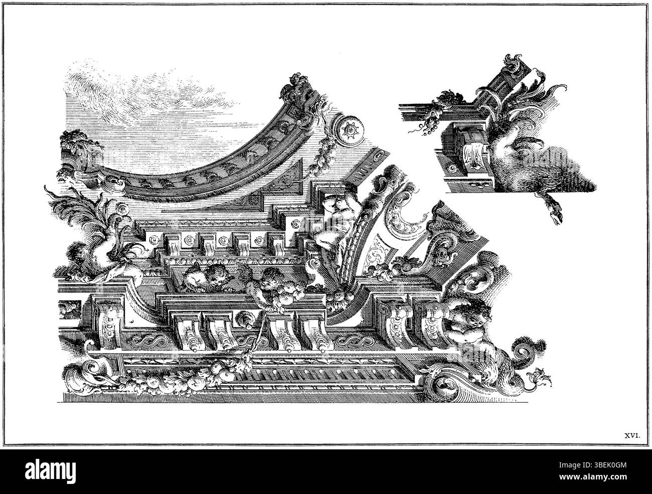 Platte XVI aus Angelo Rossis Werk von 1747 *Raccolta di vari schizi de ornati* ist ein detaillierter Gravur mit raffinierten, für den Barock typischen ornamentalen Mustern. Es ist der erste Zustand von zwei. Stockfoto