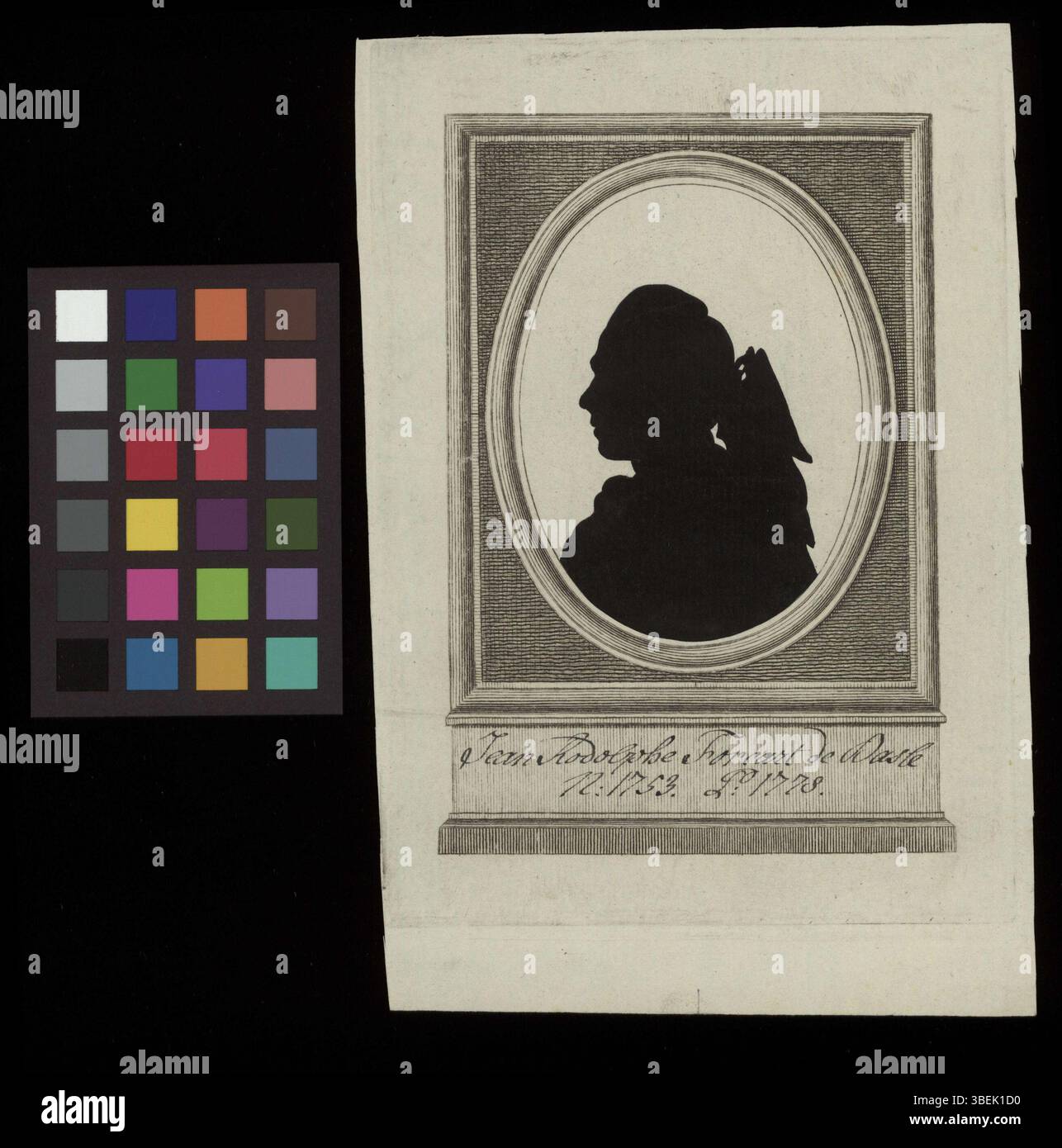 Das um 1778 entstandene Silhouettenporträt von Jean Rodolphe Forcart de Basle ist mit Kupferstich und Tusche versehen. Das Werk repräsentiert die Verwendung von Schattenporträts im 18. Jahrhundert, eine Methode, die Silhouette und Ätztechniken kombiniert. Stockfoto