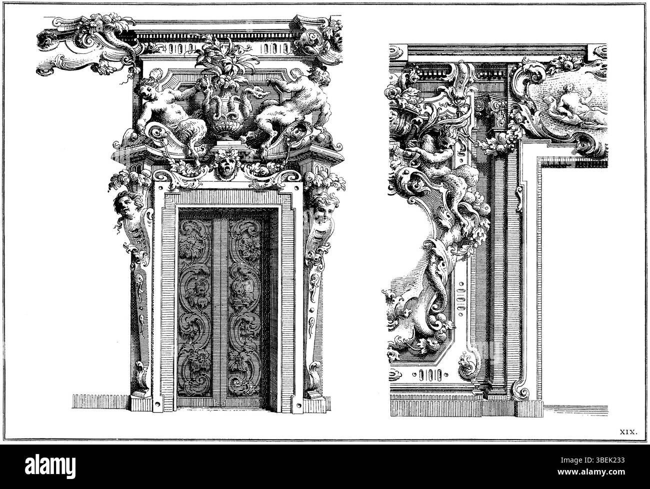 Die Platte XIX von Angelo Rossis *Raccolta di vari schizi de ornati*, die 1747 geschaffen wurde, zeigt barocke Zierdesigns. Dieser Stich ist der erste Zustand von zwei, der komplizierte dekorative Elemente der Zeit veranschaulicht. Stockfoto