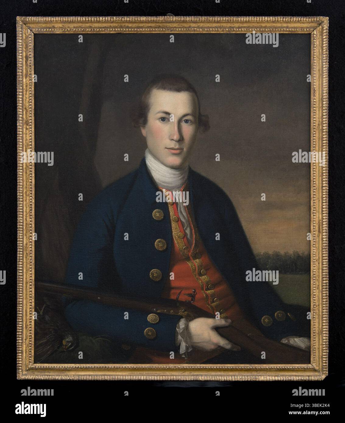 Dieses Porträt von Charles Willson Peale von James Lewis, das zwischen 1772 und 1775 entstanden ist, spiegelt das Bild einer einflussreichen amerikanischen Figur des späten 18. Jahrhunderts wider. Die Abmessungen des Gemäldes sind 78,74 x 66 cm (31 x 26 Zoll). Stockfoto