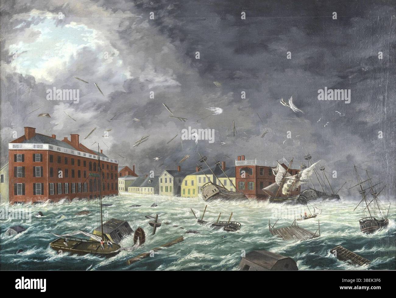 Dieses Kunstwerk zeigt den Großen September-Gale von 1815, einen verheerenden Sturm, der Providence traf. Das Gemälde fängt die Intensität des Sturms ein, als er die Küstenregion verwüstete, und unterstreicht die zerstörerische Kraft der Natur. Stockfoto