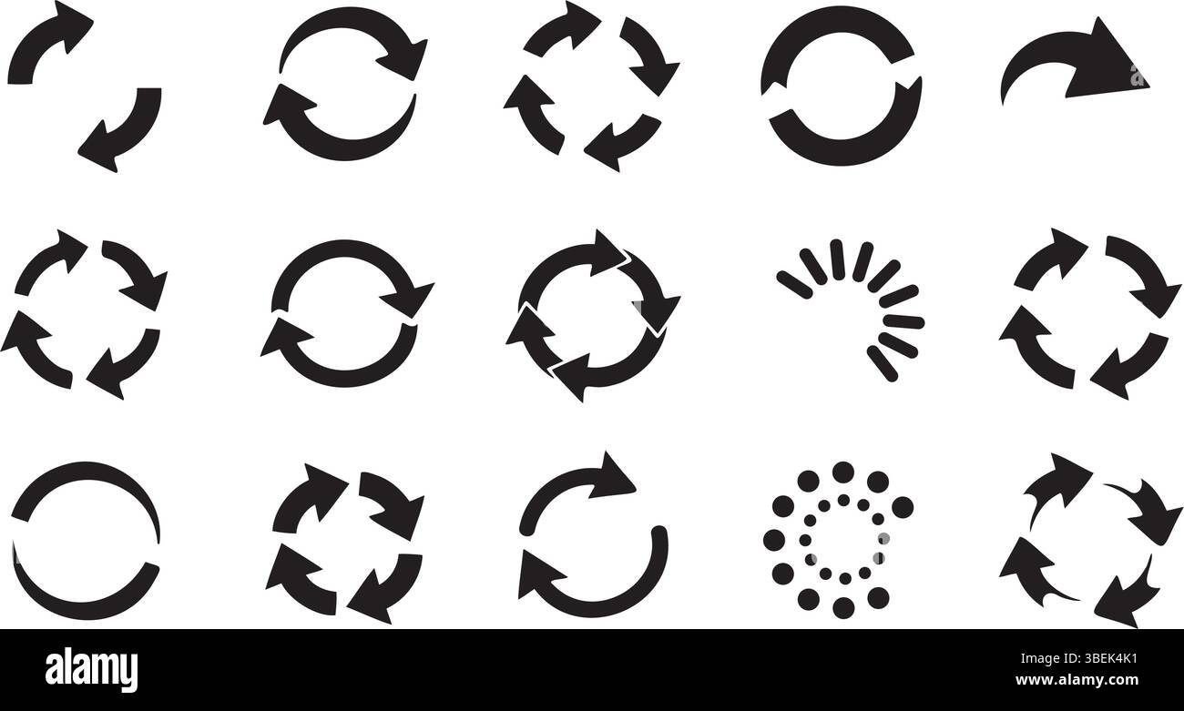 Schwarze Pfeile Symbolset Kreisförmige Drehungs- und Ladesymbole Vektorillustration Stock Vektor