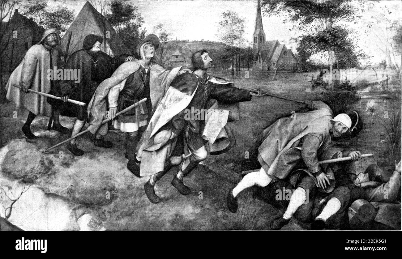 Das 1904 entstandene Kunstwerk aus dem Jahrbuch der königlich preuszischen Kunstsammlungen zeigt Pieter Bruegel das Gleichnis von den Blinden. Das Gemälde veranschaulicht die biblische Geschichte des Blinden, der Blinde führt, wobei Bruegels charakteristischer Stil verwendet wird, um menschliche Torheit und moralische Lehren darzustellen. Das Stück spiegelt die tiefe Auseinandersetzung des Künstlers mit gesellschaftlichen Fragen im Europa des 16. Jahrhunderts wider. Stockfoto