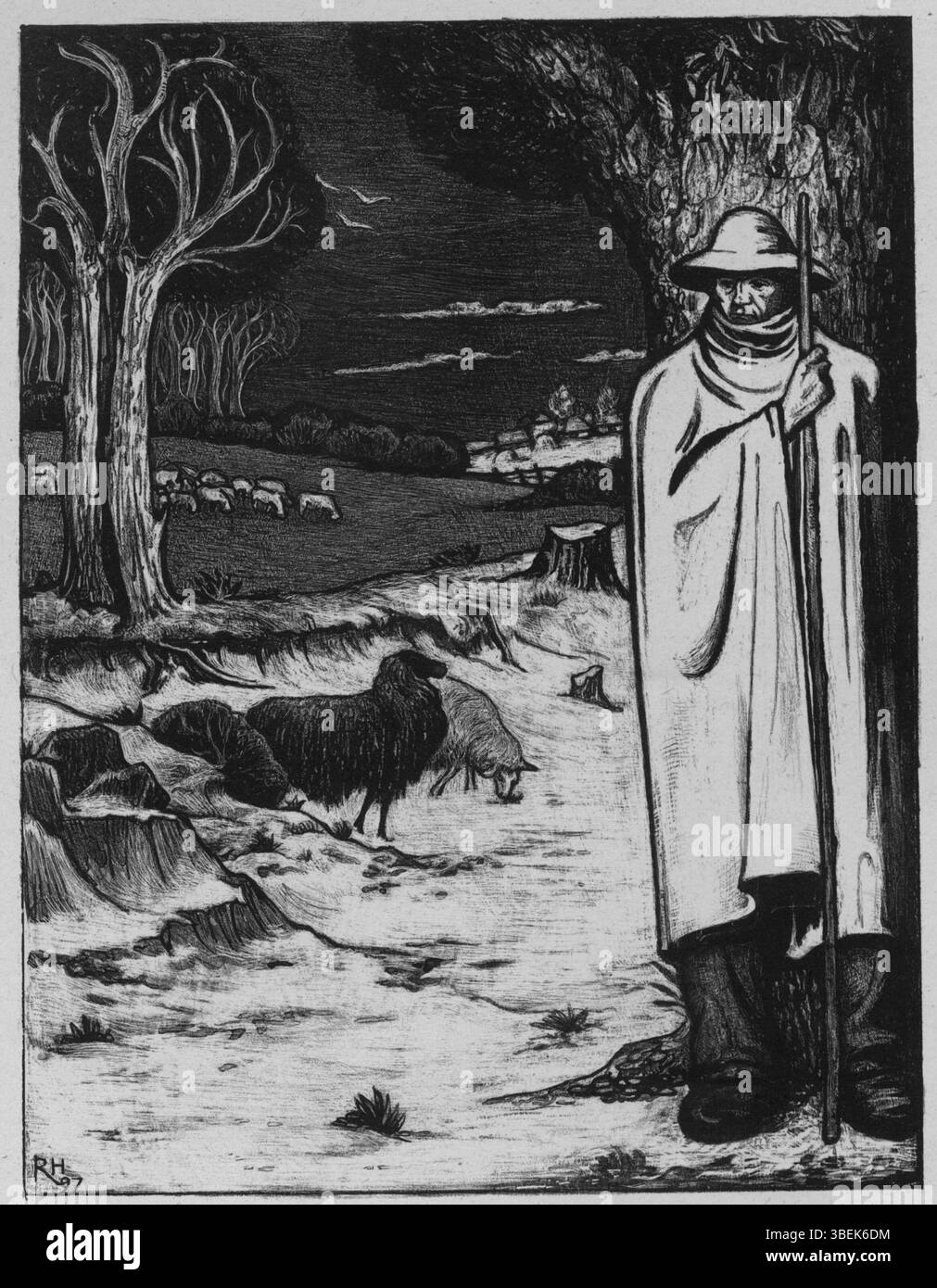 Illustration eines Hirten, der seine Schafherde pflegt. Geschaffen von Richard N. Roland Holst (1868–1938), betont das pastorale Leben. Stockfoto