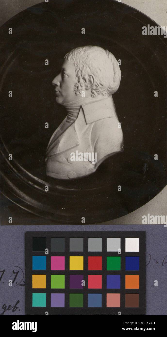 Reproduktion eines Gipsporträts von Johann Jakob Schmid nach einem Alabasterrelief von Joseph Anton Christen und gegossen von Wilh. Haas. Diese Schwarz-weiß-Reproduktion stammt aus der Zeit um 1803. Stockfoto