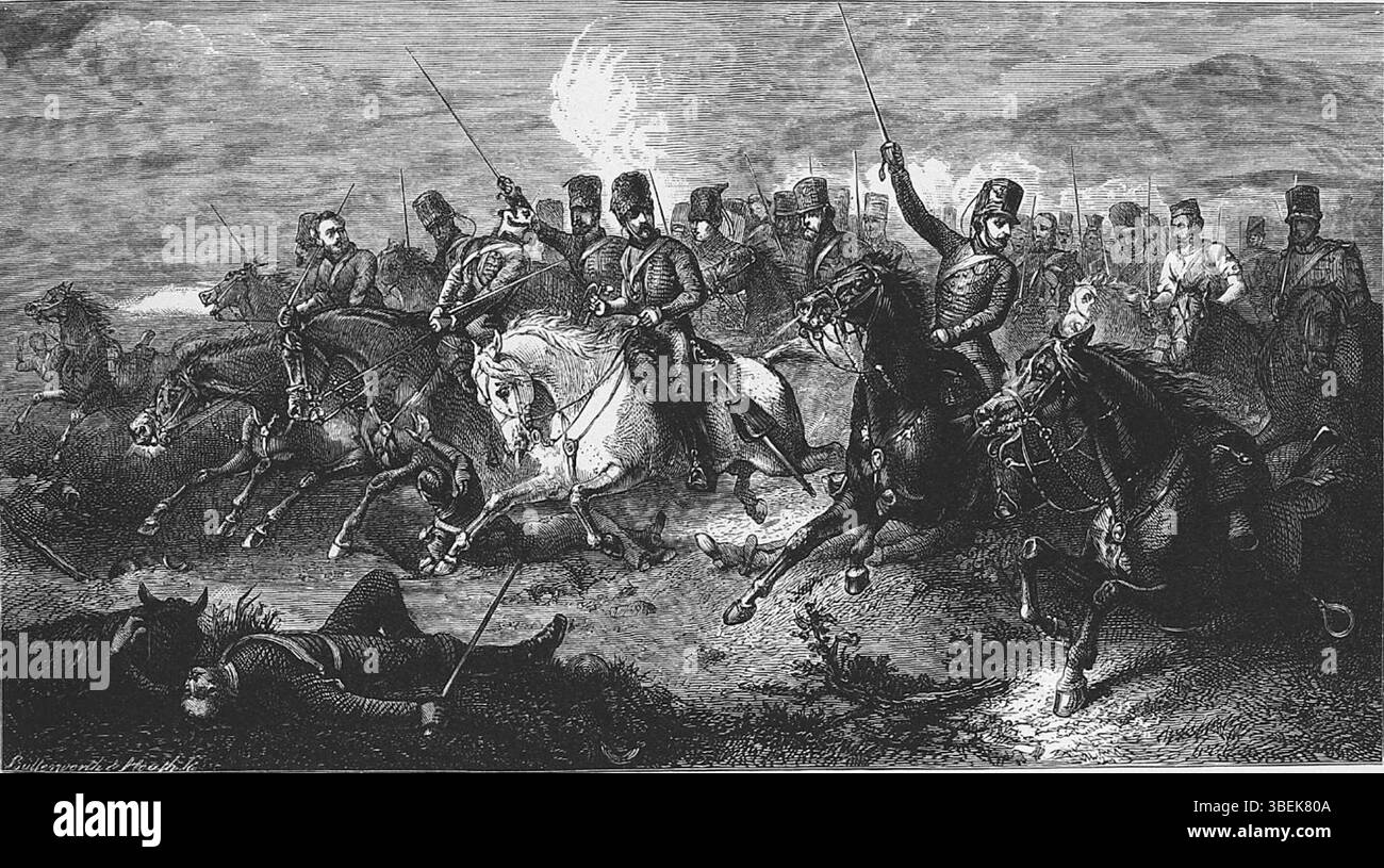 „Return through the Valley of Death“, ein Gemälde von Thomas Jones Barker aus dem Jahr 1876, das britische Soldaten der 11. Husaren und 4. Light Dragons zeigt. Die Gravur nach dem Original wurde 1878 von Butterworth & Heath angefertigt. Stockfoto