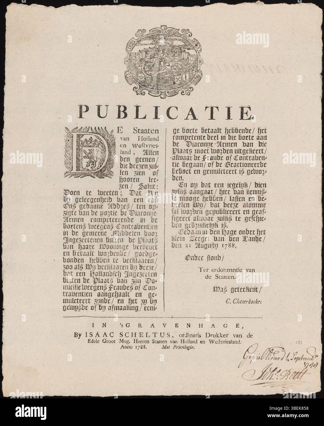 Veröffentlichung durch die Bundesländer Holland und Westfriesland über den Anteil der Geldstrafen für wohltätige Zwecke. Im Jahr 1788 wurde ein Erlass erlassen, wonach Geldstrafen für Verstöße außerhalb des Wohnsitzes des Beklagten teilweise der örtlichen schlechten Entlastung des Verurteilungsortes zugerechnet werden sollten. Stockfoto