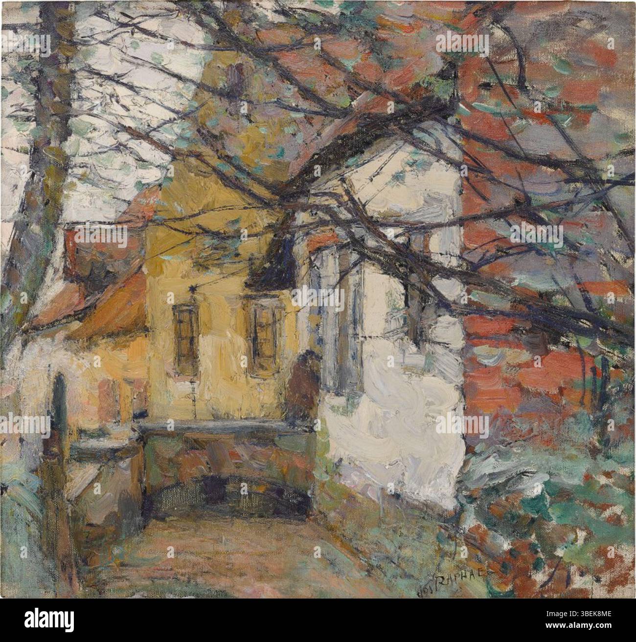 Joseph Raphaels „Haus in Belgien“ stellt eine ruhige Szene eines Hauses in belgischer Landschaft dar. Das Gemälde spiegelt Raffaels detaillierten Umgang mit Landschaften und Architektur wider und konzentriert sich auf Licht, Schatten und Farbe. Stockfoto