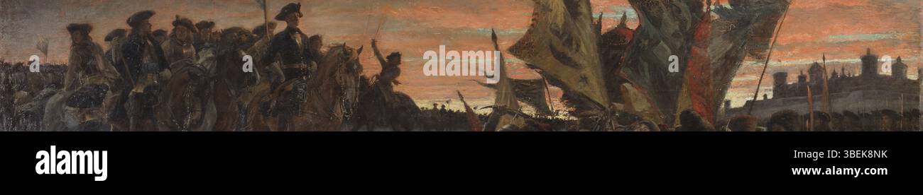 Wikivoyage-Banner, das das schwedische Reich darstellt, basiert auf Gustaf Olof Cederströms Gemälde Narva, das 1868 geschaffen wurde. Das Banner zeigt einen bedeutenden historischen Moment des schwedischen Reiches. Stockfoto