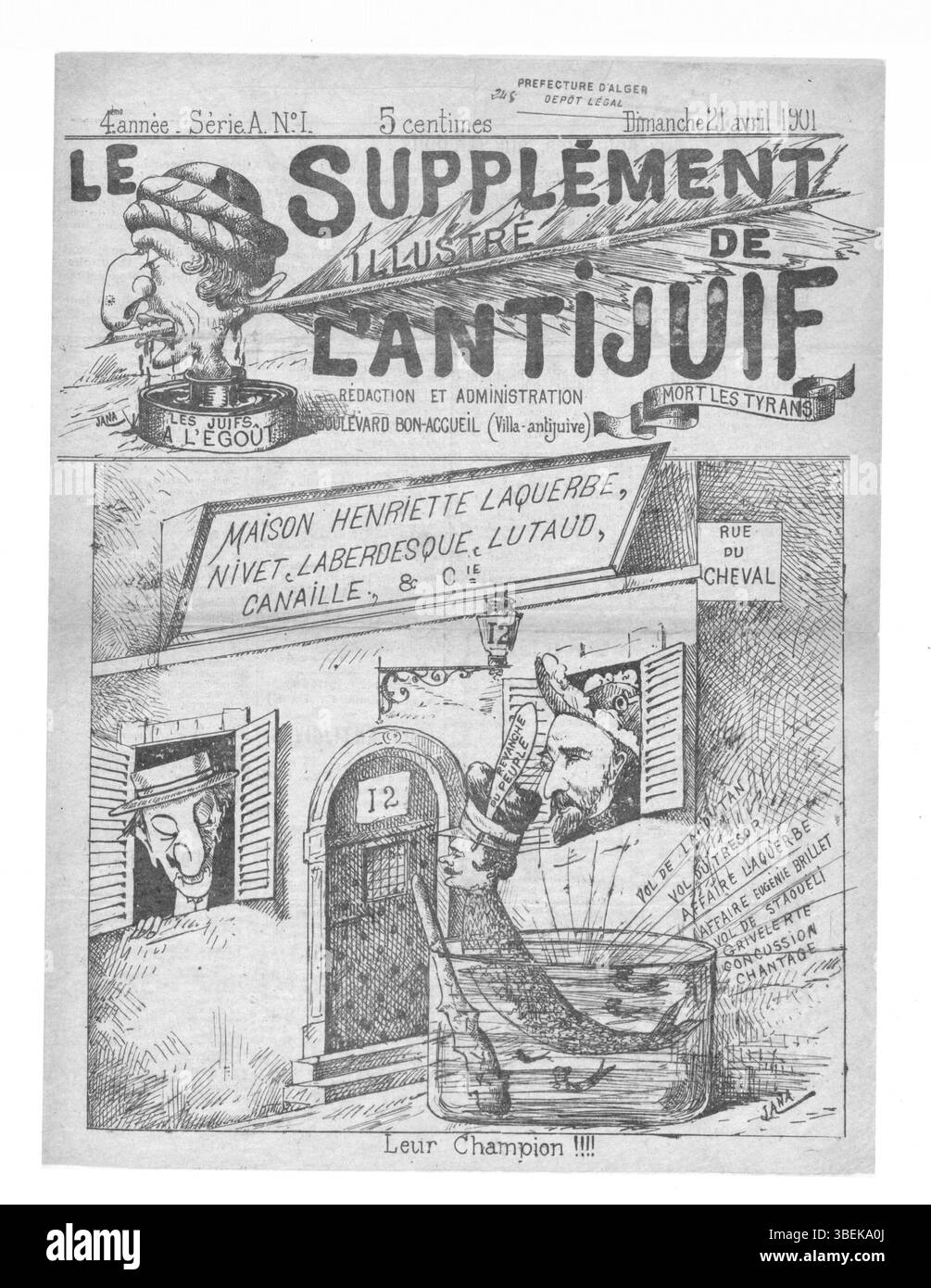 Die Ausgabe von L'Antijuif algérien vom 21. April 1901 befasst sich mit den anhaltenden antisemitischen Gefühlen in Algerien, die unter französischer Kolonialherrschaft veröffentlicht wurden. Diese Ausgabe beleuchtet die Rassenfragen und politischen Perspektiven des frühen 20. Jahrhunderts. Stockfoto